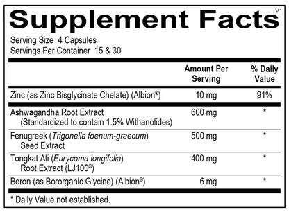 Supplement facts label with various ingredients and their amounts per serving.