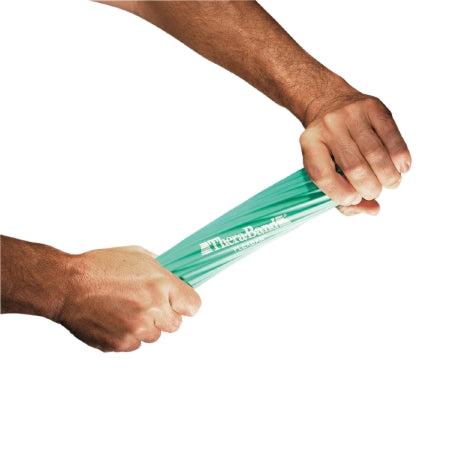 A hand holding a green TheraBand FlexBar hand exerciser with a ridged surface.