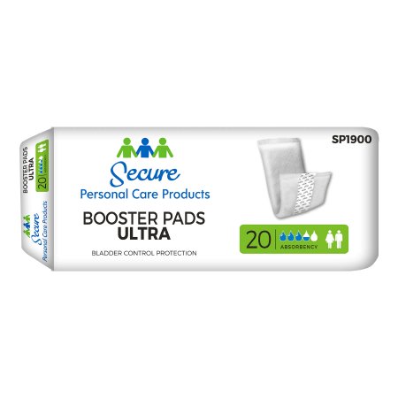 Packaging for Secure Booster Pads Ultra with 20 pads per package, highlighting features such as heavy absorbency and bladder control protection.