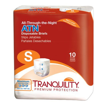 Packaging of Tranquility ATN Disposable Brief with red and white color scheme and product. Size S 