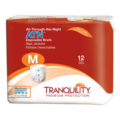 Packaging of Tranquility ATN Disposable Brief with red and white color scheme and product. Size M 