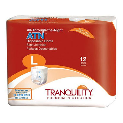 Packaging of Tranquility ATN Disposable Brief with red and white color scheme and product .  Size large