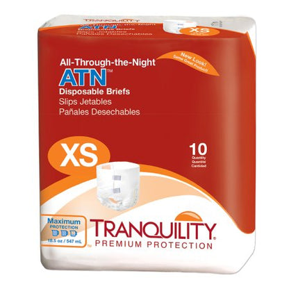 Packaging of Tranquility ATN Disposable Brief with red and white color scheme and product information. Size XS