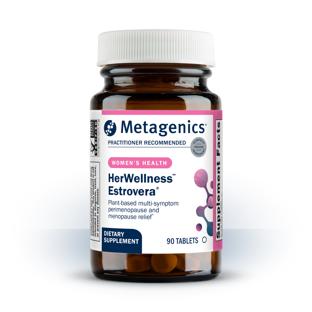 Metagenics HerWellness Estrovera dietary supplement bottle on a white background