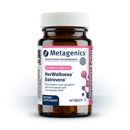 Metagenics HerWellness Estrovera dietary supplement bottle on a white background
