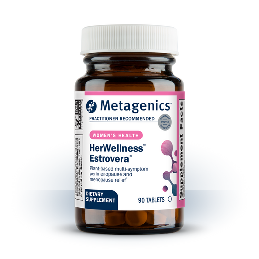 Metagenics HerWellness Estrovera dietary supplement bottle on a white background
