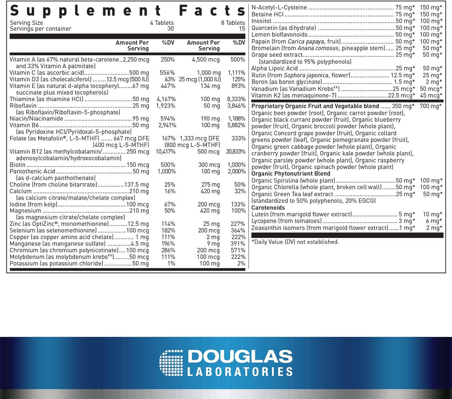 A supplement facts label for a A bottle of Douglas Labs Ultra Preventive X dietary supplement