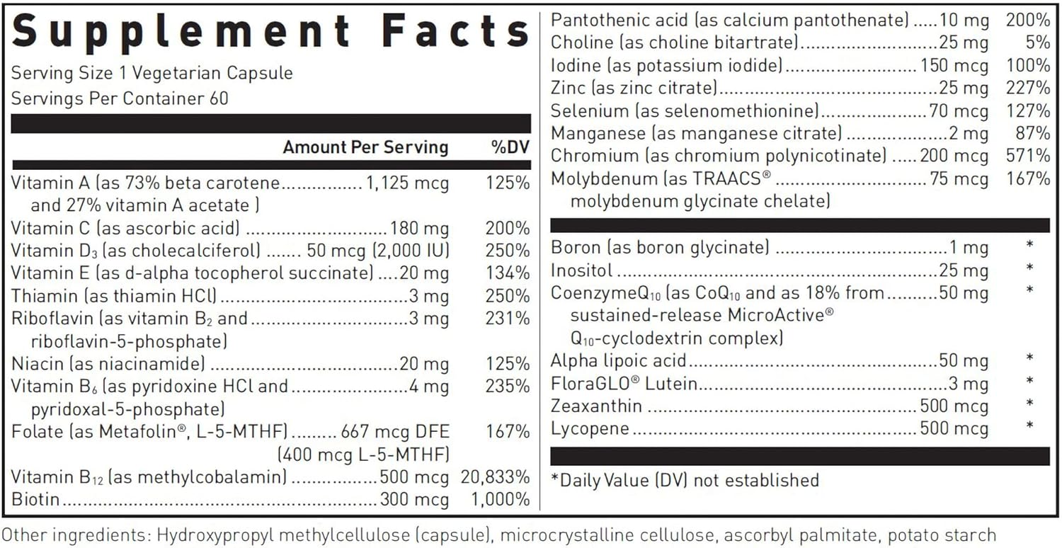 Supplement facts label for a bottle of Douglas Labs Ultra Preventive 1 Daily dietary supplement