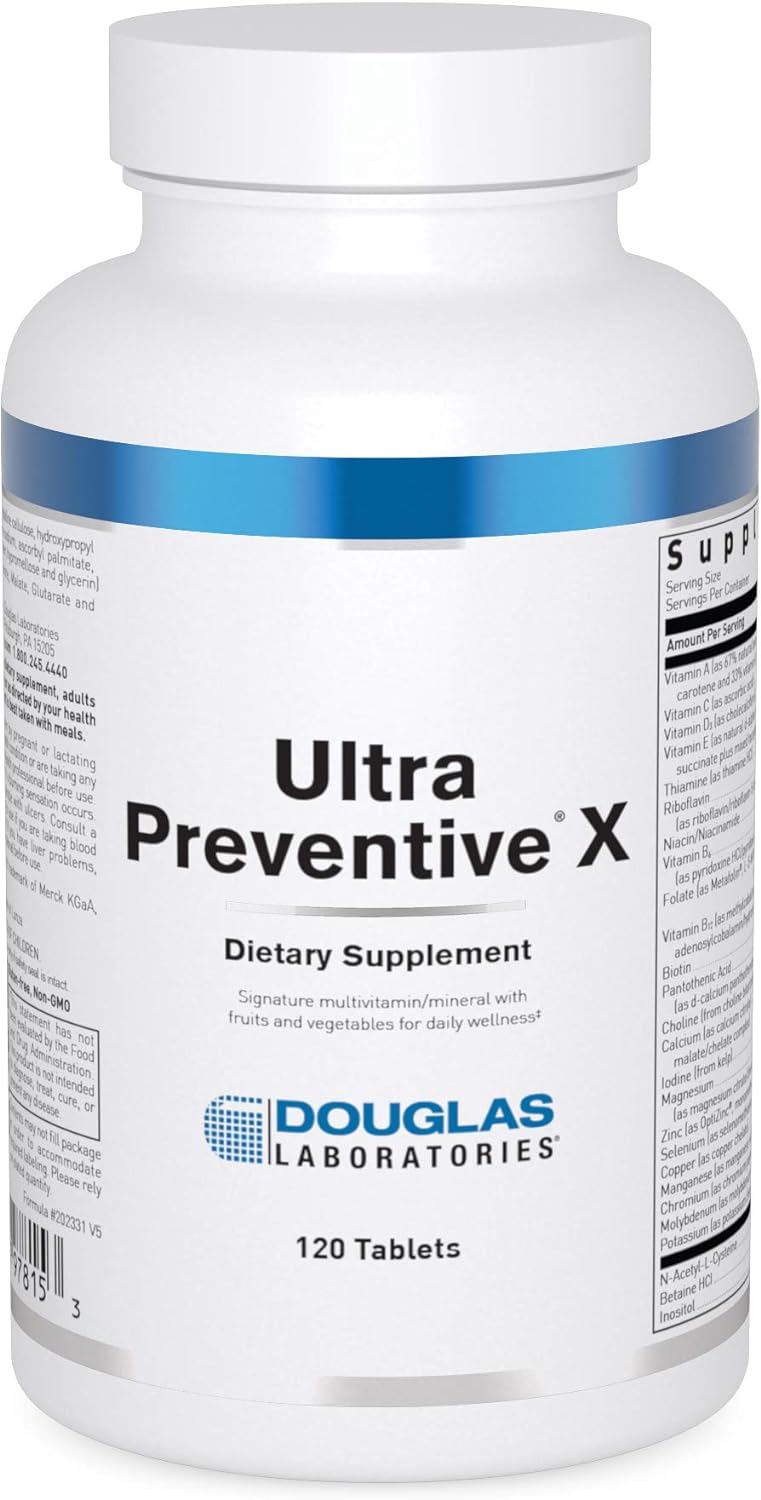 A bottle of Douglas Labs Ultra Preventive X dietary supplement with 120 tablets, multivitamin/mineral with fruits and vegetables for daily wellness.