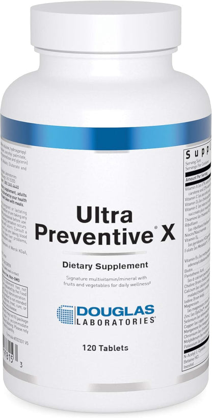 A bottle of Douglas Labs Ultra Preventive X dietary supplement with 120 tablets, multivitamin/mineral with fruits and vegetables for daily wellness.