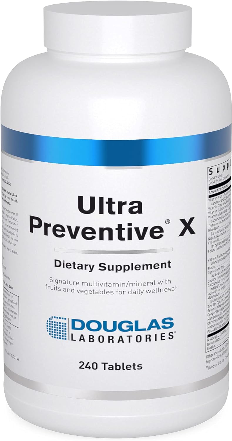 A bottle of Douglas Labs Ultra Preventive X dietary supplement with 240 tablets, multivitamin/mineral with fruits and vegetables for daily wellness.