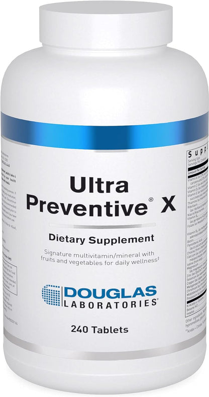 A bottle of Douglas Labs Ultra Preventive X dietary supplement with 240 tablets, multivitamin/mineral with fruits and vegetables for daily wellness.