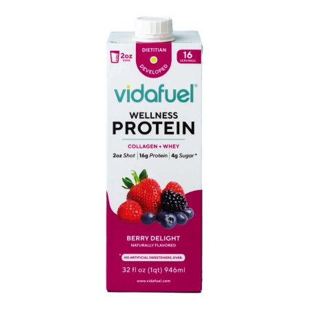 A carton of Vida Fuel Wellness Protein in Berry Delight flavor, 32 oz size, with images of berries on the front.