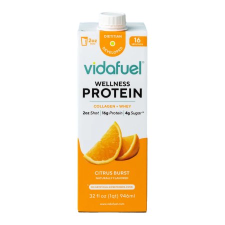 A carton of Vida Fuel Wellness Protein in Citrus Burst flavor, 32 fl oz size, with the brand and product details visible on the packaging.