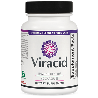 A bottle of OrthoMolecular Viracid dietary supplement with 60 capsules, labeled for immune health.