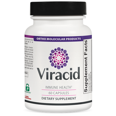 A bottle of OrthoMolecular Viracid dietary supplement with 60 capsules, labeled for immune health.