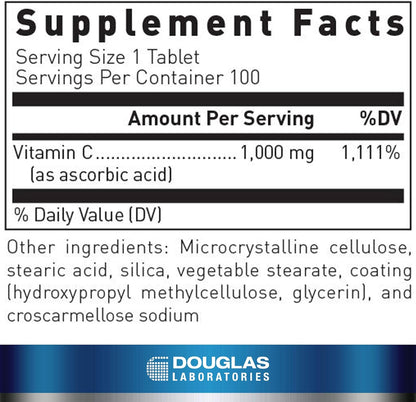 A Supplement facts label for a bottle of Douglas Labs Vitamin C 1,000 mg dietary supplement