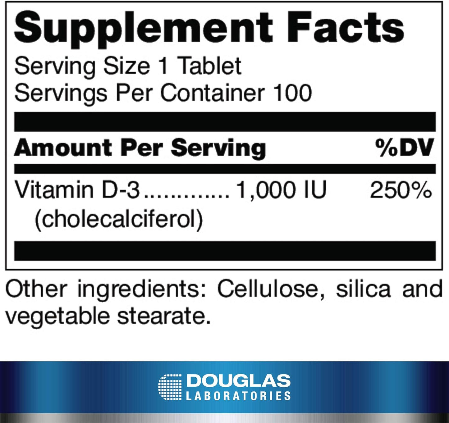 Supplement facts for a A bottle of Douglas Labs Vitamin D 1000 IU dietary supplement 