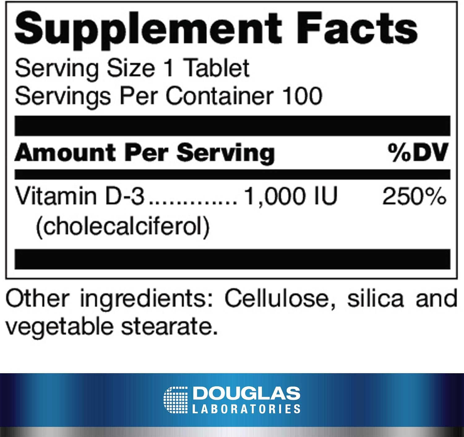 Supplement facts for a A bottle of Douglas Labs Vitamin D 1000 IU dietary supplement 