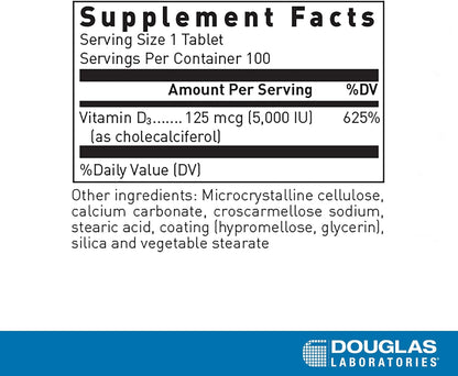 Supplement facts for a  bottle of Douglas Labs Vitamin D 5000 IU dietary supplement