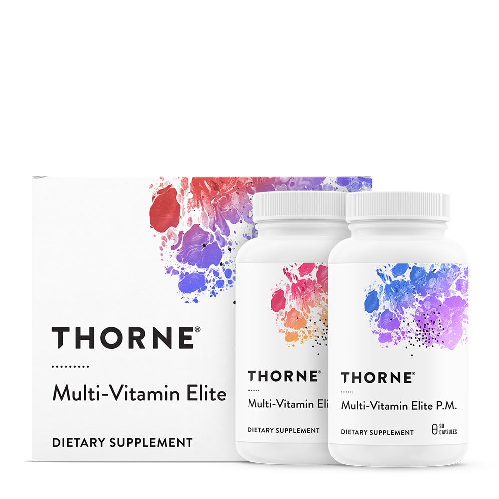Two bottles of Thorne Multi-Vitamin Elite dietary supplement, with one labeled 'AM' and the other 'PM', alongside their packaging box featuring a colorful abstract design.