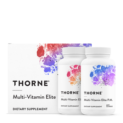 Two bottles of Thorne Multi-Vitamin Elite dietary supplement, with one labeled 'AM' and the other 'PM', alongside their packaging box featuring a colorful abstract design.