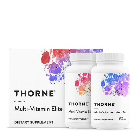 Two bottles of Thorne Multi-Vitamin Elite dietary supplement, with one labeled 'AM' and the other 'PM', alongside their packaging box featuring a colorful abstract design.