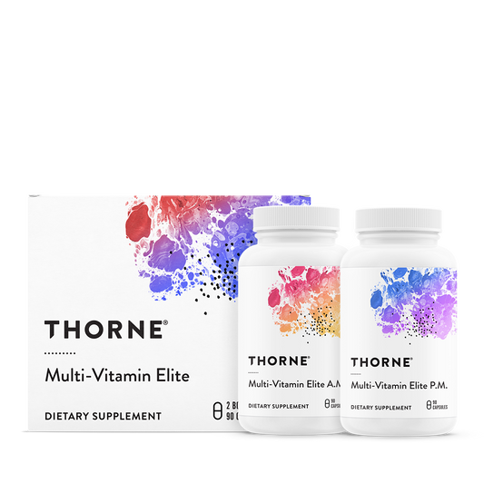 Two bottles of Thorne Multi-Vitamin Elite supplements with a box in the background, featuring a colorful abstract design.