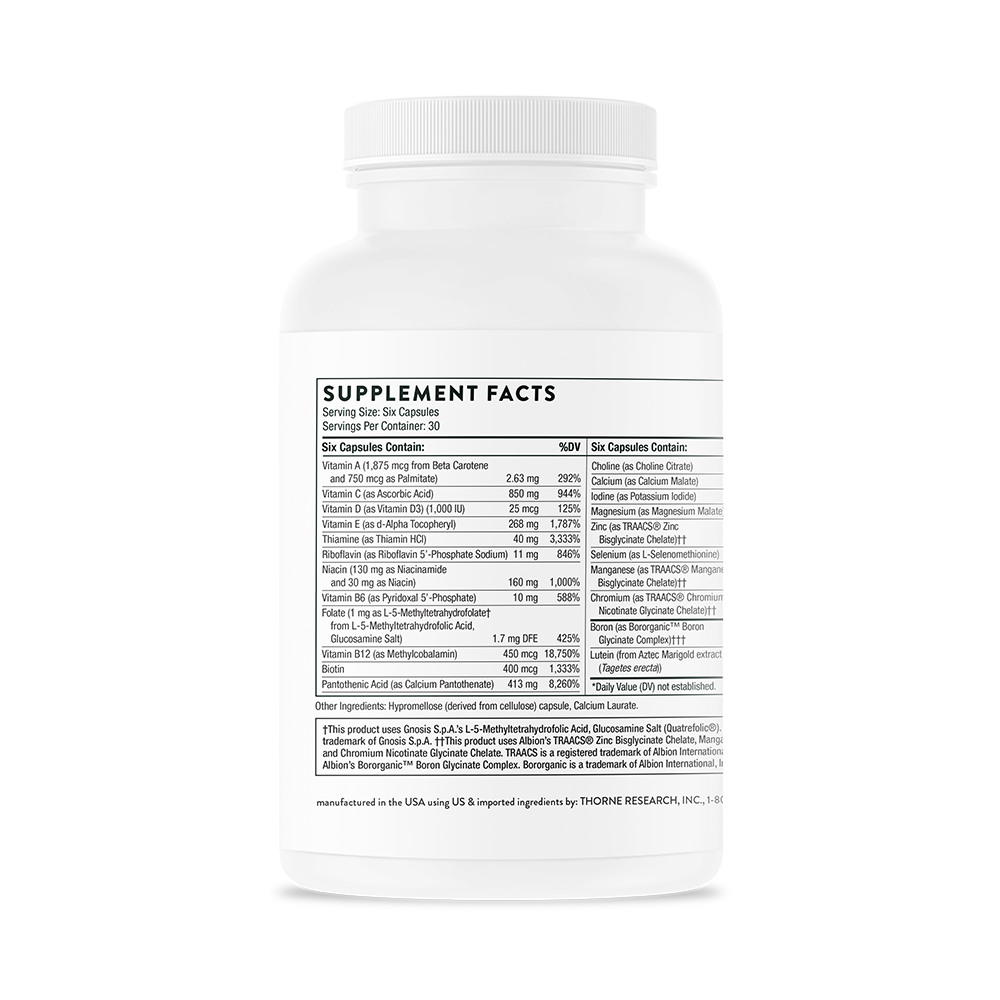 Supplment facts information on a bottle of Thorne Women's Multi 50+ dietary supplement.