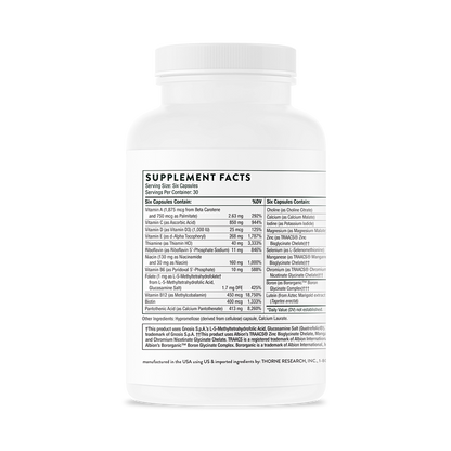 Supplment facts information on a bottle of Thorne Women's Multi 50+ dietary supplement.