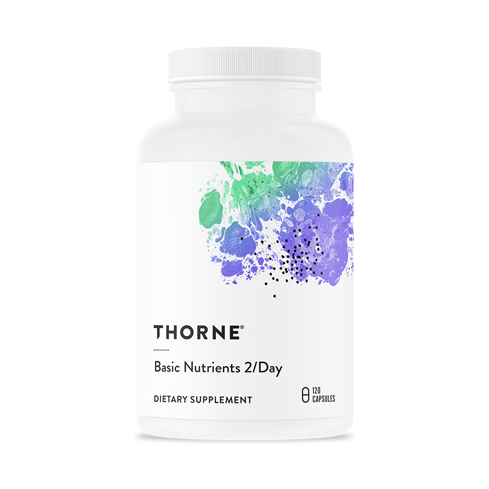 Thorne dietary supplement bottle with colorful label on a white background