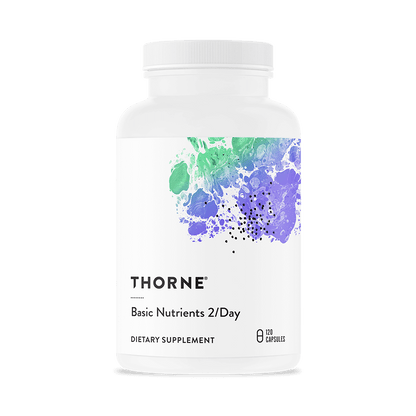 Thorne dietary supplement bottle with colorful label on a white background