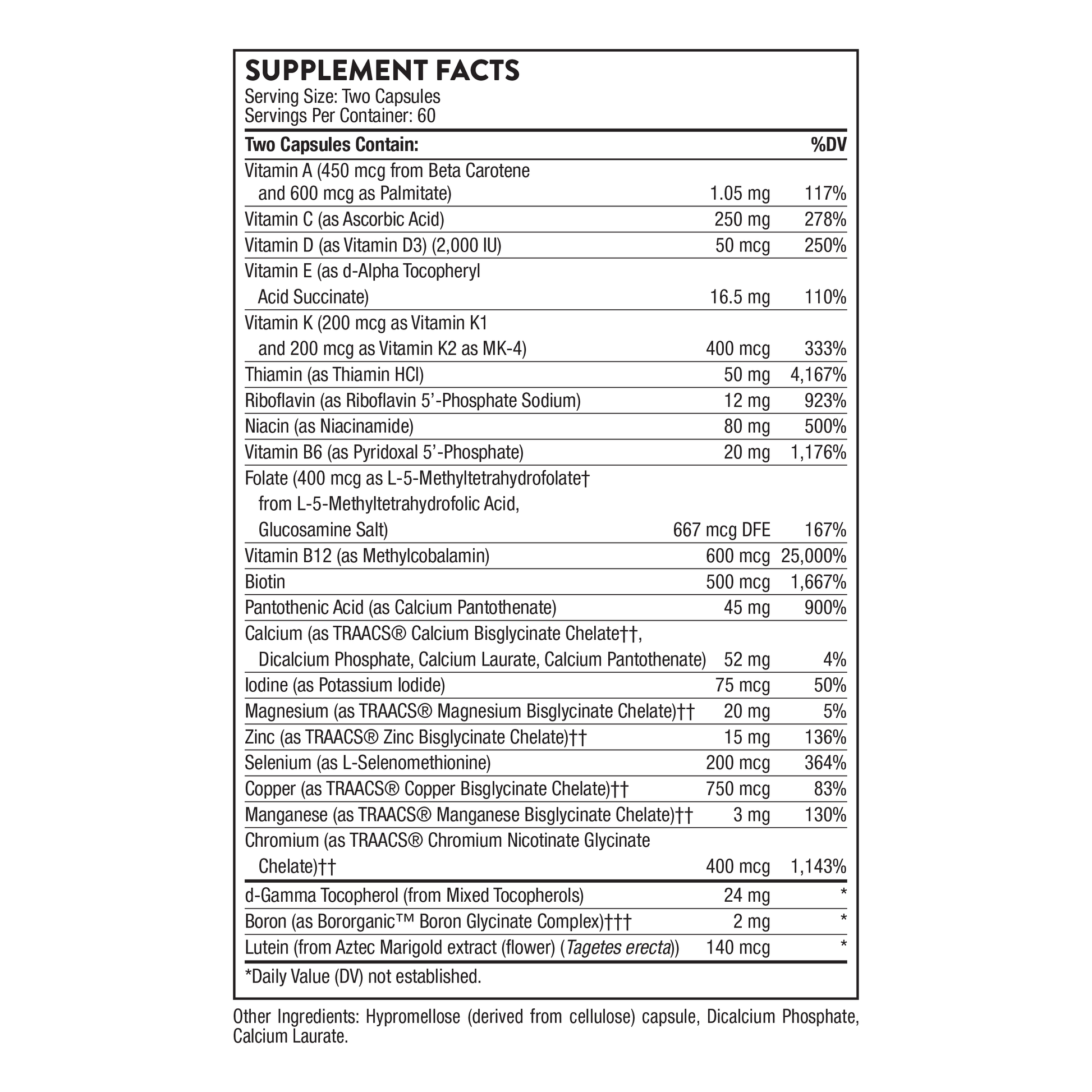 Supplement facts label for two capsules on a white background