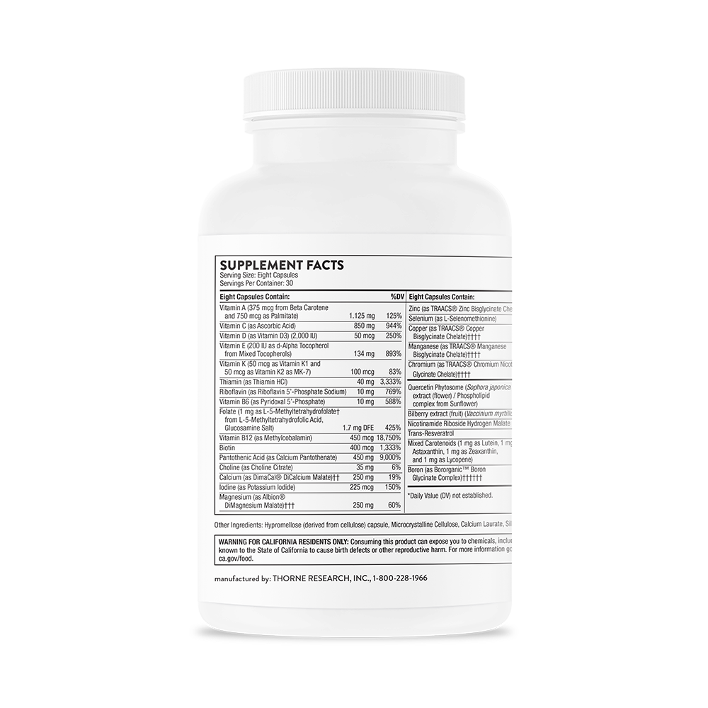 Supplement facts label on the back of a bottle of Thorne Advanced Nutrients .