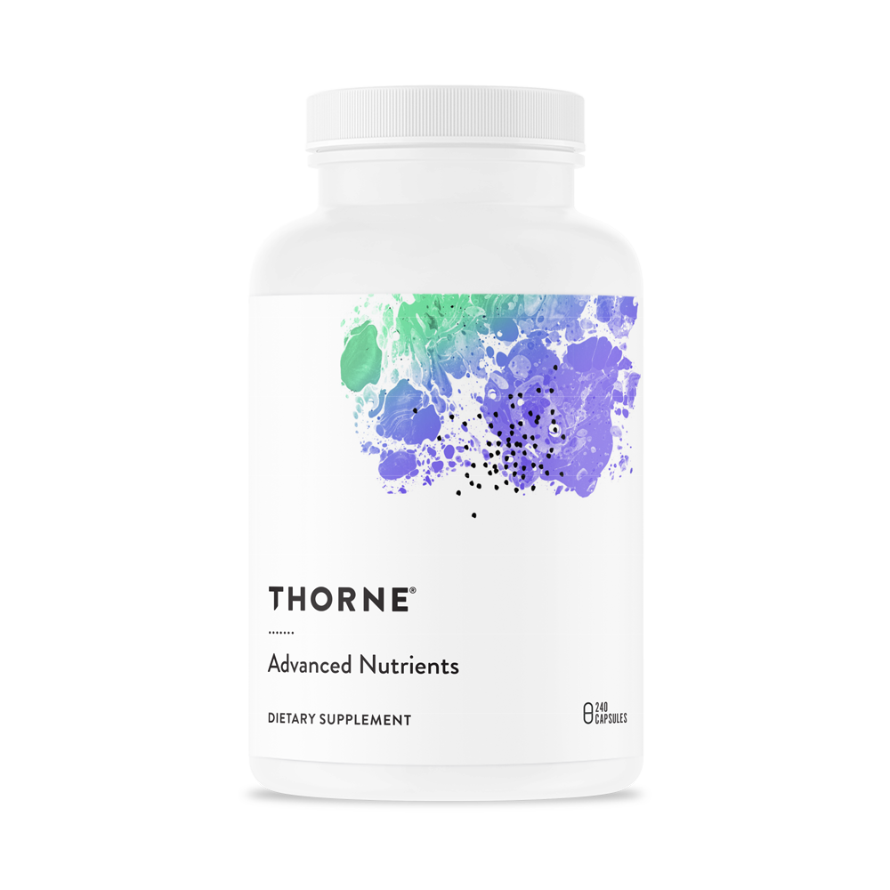 A dietary supplement with a white label and a blue and green watercolor design.