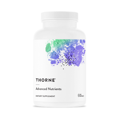 A dietary supplement with a white label and a blue and green watercolor design.