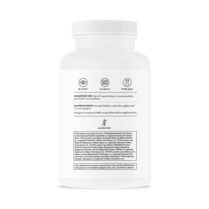 Suggested Use information on the backof a bottle of Thorne Advanced Nutrients.  The supplement promotes eye health and health aging.   