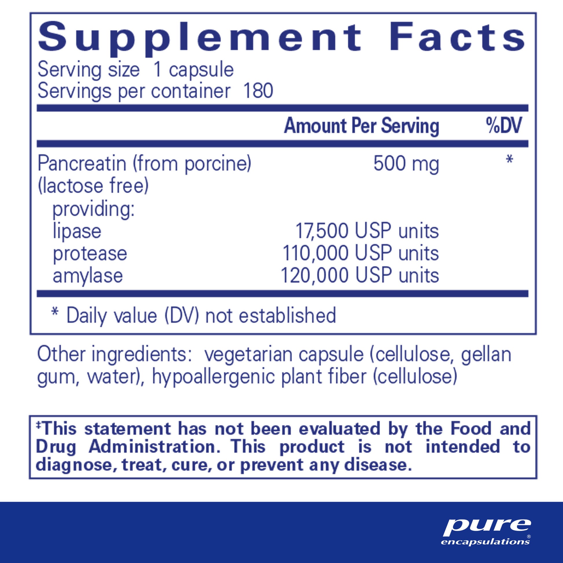 Supplement facts and ingredient information for a bottle of Pure Encapsulations Pancreatic Enzyme Formula dietary supplement