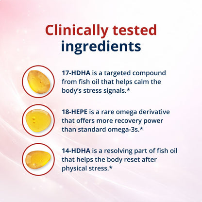 Informational graphic about clinically tested ingredients with fish oil droplets and text on a light pink background.