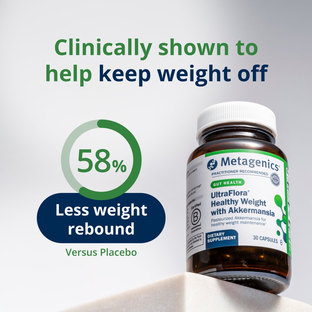 Metagenics dietary supplement bottle with weight management claims on a white background