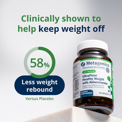 Metagenics dietary supplement bottle with weight management claims on a white background
