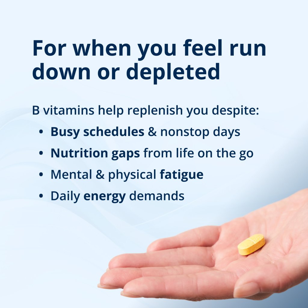 Hand holding a yellow pill with text about B vitamins on a light blue background