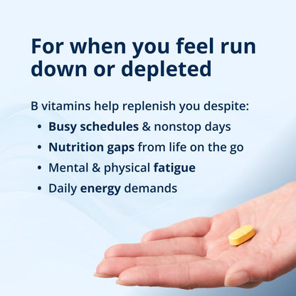 Hand holding a yellow pill with text about B vitamins on a light blue background