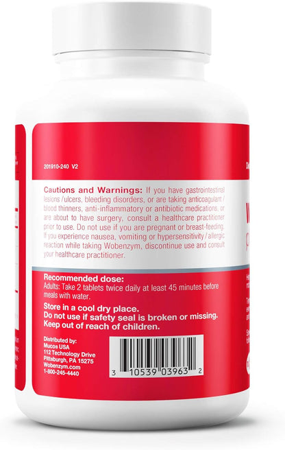 Suggested usage, cautions and warnings for a bottle of Douglas Labs Wobenzym Plus dietary supplement