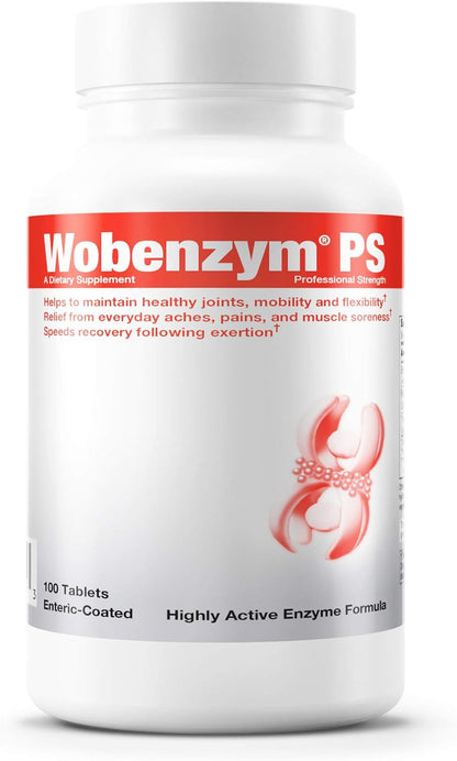 A bottle of Douglas Labs Wobenzym PS with 100 enteric coated tablets for joint health support.