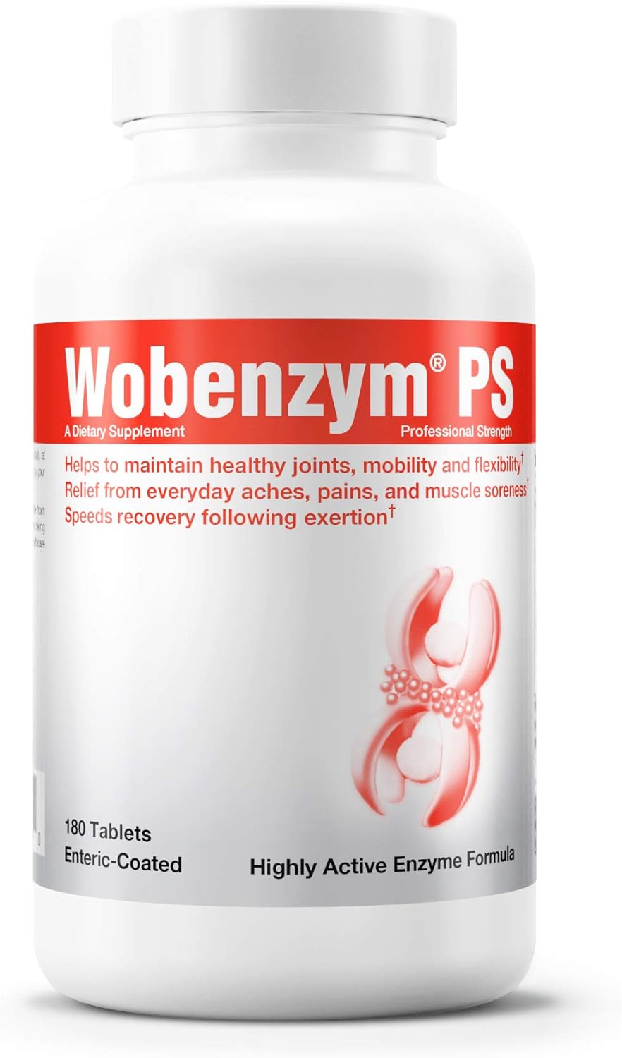 A bottle of Douglas Labs Wobenzym PS with 180 enteric coated tablets for joint health support.