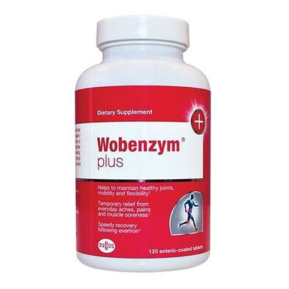 A bottle of Douglas Labs Wobenzym Plus dietary supplement with 120 enteric-coated tablets, predominantly white and red packaging.