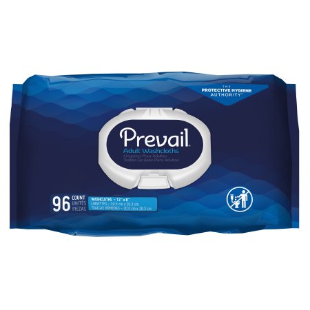 A pack of Prevail personal cleansing wipes, adult-sized, with a count of 96. The packaging is predominantly blue with product information and branding visible.
