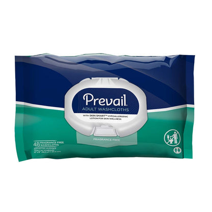 A  green and white package of Prevail Adult Washcloths with a white background.  