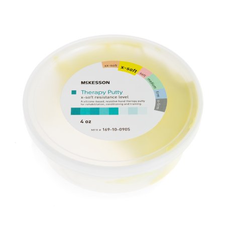 A container of McKesson Therapy Putty in yellow, with a label indicating resistance levels and safety information.